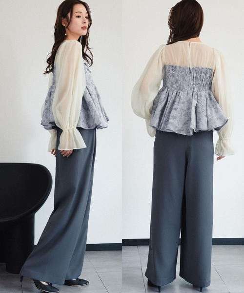 girl（ガール）の「ジャガードペプラムパンツドレス ブラウス ワイドパンツ セットアップ 結婚式 パーティードレス セパレート オケージョンドレス パンツスタイル お呼ばれ 二次会 成人式 同窓会 謝恩会《着用動画あり》（パンツドレス・レディース・ブラック/ライトグレー/ピンク/ベージュ・S/M/L）」の15枚目の写真