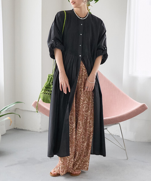 セール】インド ピンタックワンピース/マオカラーシャツワンピース