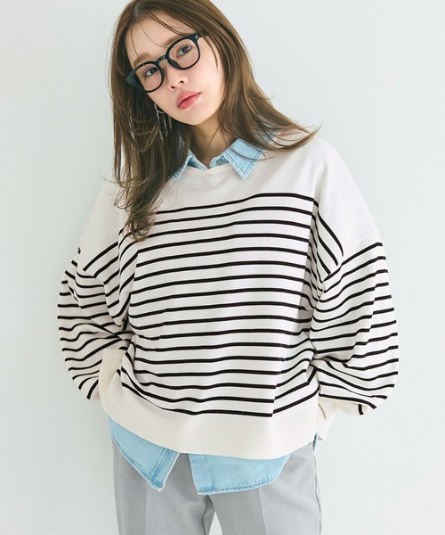 coca（coca）（コカ）の「シャリ感ボーダーニットトップス（Tシャツ/カットソー・レディース・ブラック/ブルー・L/M/S）」の2枚目の写真