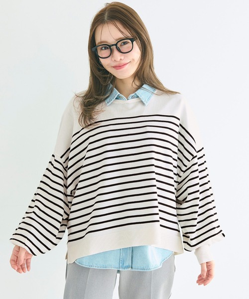 coca（coca）（コカ）の「シャリ感ボーダーニットトップス（Tシャツ/カットソー・レディース・ブラック/ブルー・L/M/S）」の3枚目の写真