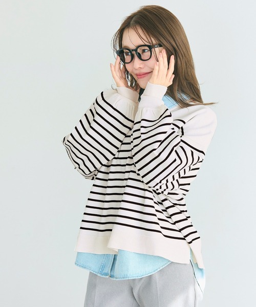 coca（coca）（コカ）の「シャリ感ボーダーニットトップス（Tシャツ/カットソー・レディース・ブラック/ブルー・L/M/S）」の4枚目の写真