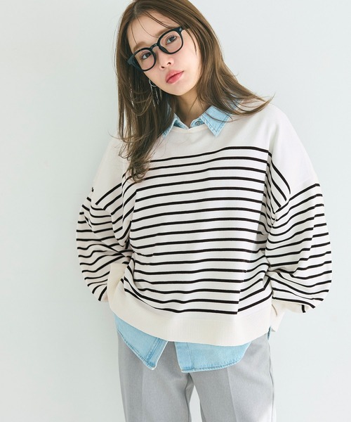 coca（coca）（コカ）の「シャリ感ボーダーニットトップス（Tシャツ/カットソー・レディース・ブラック/ブルー・L/M/S）」の6枚目の写真