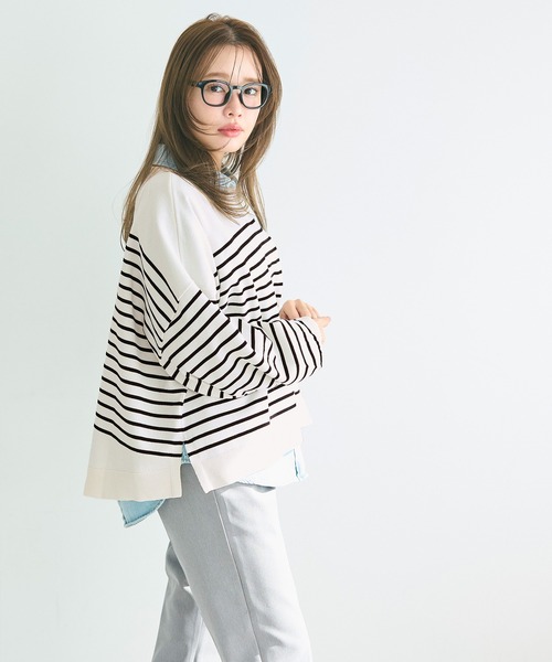 coca（coca）（コカ）の「シャリ感ボーダーニットトップス（Tシャツ/カットソー・レディース・ブラック/ブルー・L/M/S）」の7枚目の写真