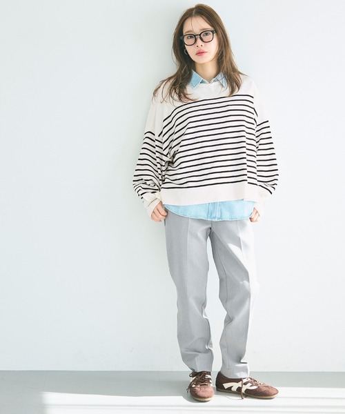 coca（coca）（コカ）の「シャリ感ボーダーニットトップス（Tシャツ/カットソー・レディース・ブラック/ブルー・L/M/S）」の8枚目の写真