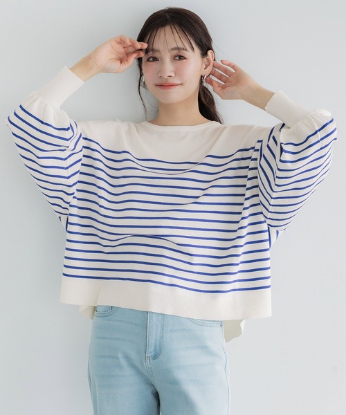 coca（coca）（コカ）の「シャリ感ボーダーニットトップス（Tシャツ/カットソー・レディース・ブラック/ブルー・L/M/S）」の9枚目の写真