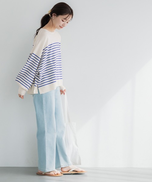 coca（coca）（コカ）の「シャリ感ボーダーニットトップス（Tシャツ/カットソー・レディース・ブラック/ブルー・L/M/S）」の11枚目の写真