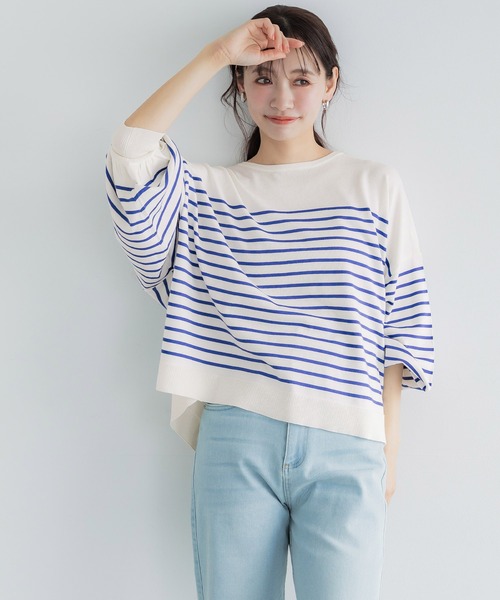 coca（coca）（コカ）の「シャリ感ボーダーニットトップス（Tシャツ/カットソー・レディース・ブラック/ブルー・L/M/S）」の12枚目の写真