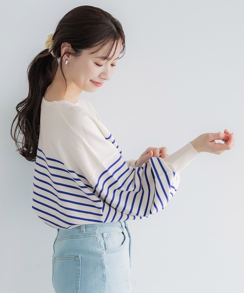 coca（coca）（コカ）の「シャリ感ボーダーニットトップス（Tシャツ/カットソー・レディース・ブラック/ブルー・L/M/S）」の13枚目の写真