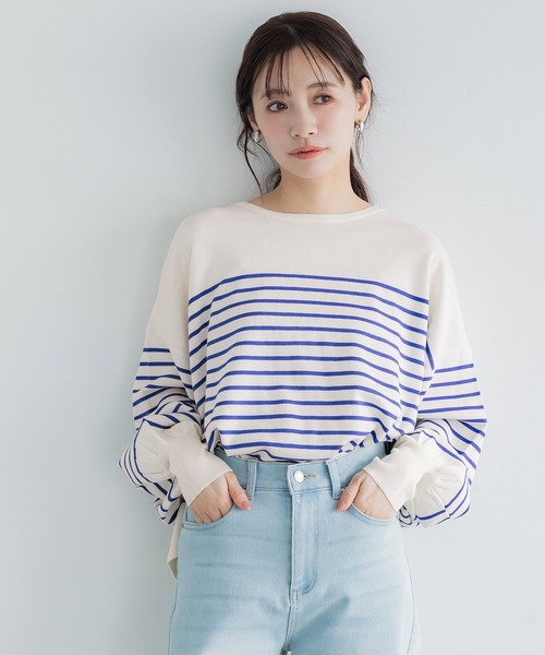 coca（coca）（コカ）の「シャリ感ボーダーニットトップス（Tシャツ/カットソー・レディース・ブラック/ブルー・L/M/S）」の14枚目の写真