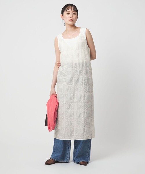 green label relaxing（グリーンレーベルリラクシング）の「シアー クロス ステッチ ワンピース（ワンピース・レディース・オフホワイト/ブラック・FREE）」の5枚目の写真