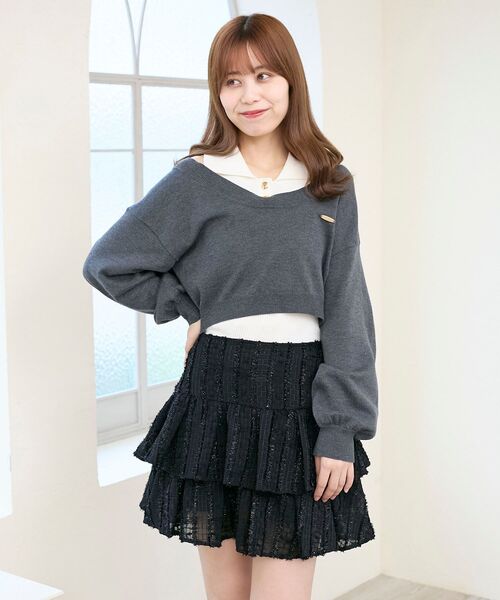 MAJESTIC LEGON(マジェスティックレゴン)の「襟付ノースリニットセットオフショルニット(ニット/セーター・レディース・ピンクベージュ/チャコールグレー/ライトグレー・MEDIUM)」の2枚目の写真