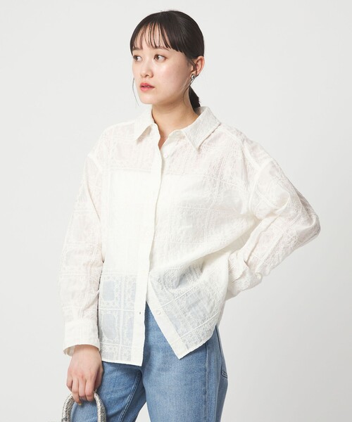 【a-gi】最終価格　LOHEN シアーステッチブラウス セール】シアー クロス ステッチ シャツ（シャツ/ブラウス）｜green