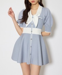 バイカラーパフスリーブミニニットワンピース 春服 夏服