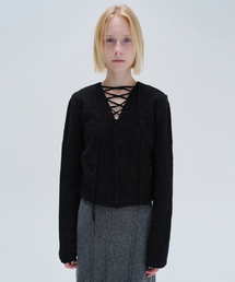 V NECK LACE UP KNIT (black)