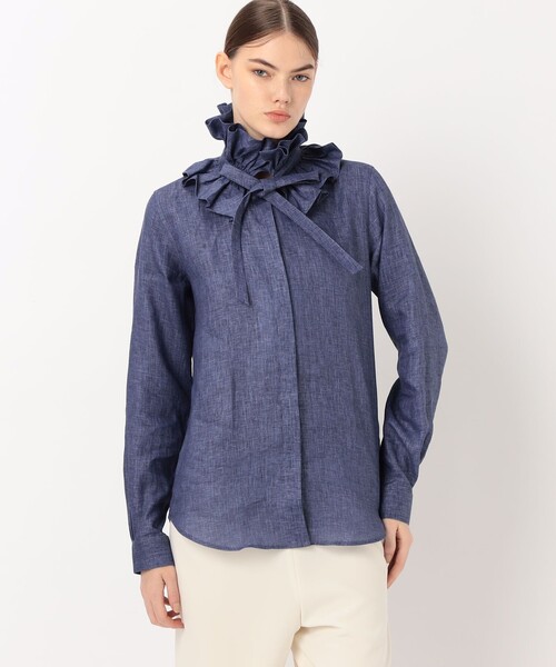 BOURRIENNE ParisX(ブリエンヌパリディス)の「BOURRIENNE PASTEL リネン ラッフルカラーシャツ(シャツ/ブラウス・レディース・ダークブルー・34)」の3枚目の写真