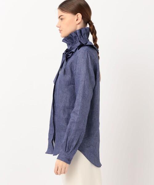 BOURRIENNE ParisX(ブリエンヌパリディス)の「BOURRIENNE PASTEL リネン ラッフルカラーシャツ(シャツ/ブラウス・レディース・ダークブルー・34)」の4枚目の写真