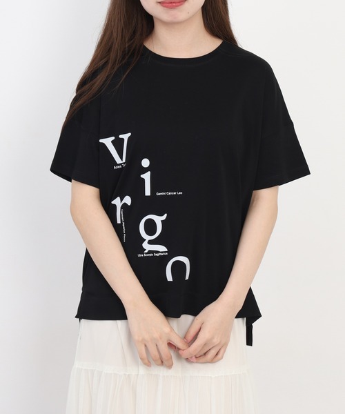 EGLANTINE(エグランティーヌ)の「EGLANTINE アシンメトリーロゴプリント半袖Tシャツ 日本製 ローズペトール(Tシャツ/カットソー・レディース・グレイッシュベージュ/サーモンピンク・38)」の3枚目の写真