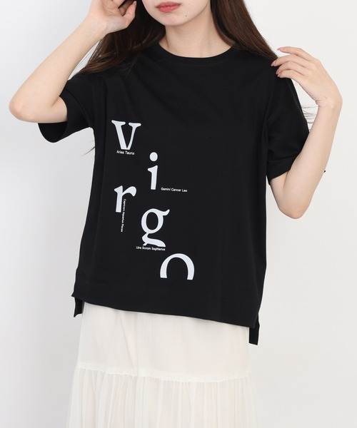 EGLANTINE(エグランティーヌ)の「EGLANTINE アシンメトリーロゴプリント半袖Tシャツ 日本製 ローズペトール(Tシャツ/カットソー・レディース・グレイッシュベージュ/サーモンピンク・38)」の4枚目の写真