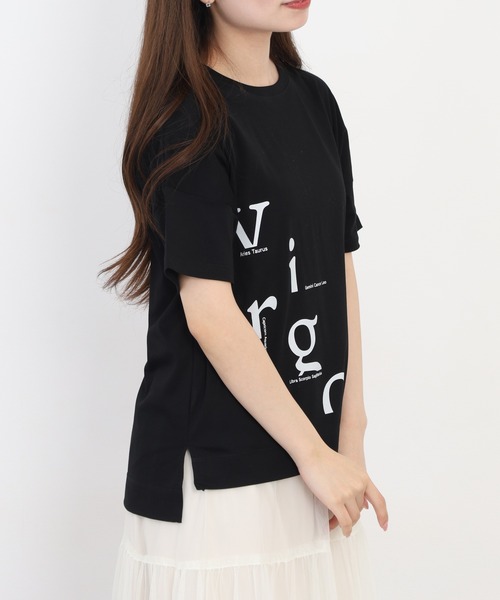 EGLANTINE(エグランティーヌ)の「EGLANTINE アシンメトリーロゴプリント半袖Tシャツ 日本製 ローズペトール(Tシャツ/カットソー・レディース・グレイッシュベージュ/サーモンピンク・38)」の7枚目の写真