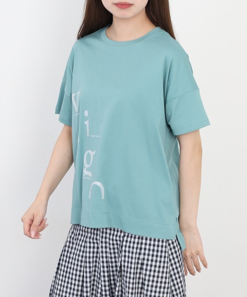 EGLANTINE(エグランティーヌ)の「EGLANTINE アシンメトリーロゴプリント半袖Tシャツ 日本製 ローズペトール(Tシャツ/カットソー・レディース・グレイッシュベージュ/サーモンピンク・38)」の16枚目の写真