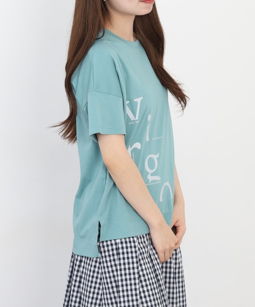 EGLANTINE(エグランティーヌ)の「EGLANTINE アシンメトリーロゴプリント半袖Tシャツ 日本製 ローズペトール(Tシャツ/カットソー・レディース・グレイッシュベージュ/サーモンピンク・38)」の20枚目の写真