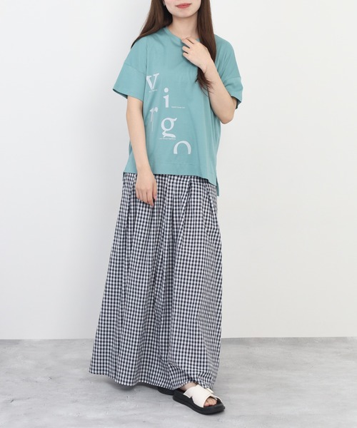 EGLANTINE(エグランティーヌ)の「EGLANTINE アシンメトリーロゴプリント半袖Tシャツ 日本製 ローズペトール(Tシャツ/カットソー・レディース・グレイッシュベージュ/サーモンピンク・38)」の21枚目の写真