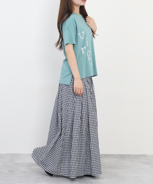 EGLANTINE(エグランティーヌ)の「EGLANTINE アシンメトリーロゴプリント半袖Tシャツ 日本製 ローズペトール(Tシャツ/カットソー・レディース・グレイッシュベージュ/サーモンピンク・38)」の22枚目の写真