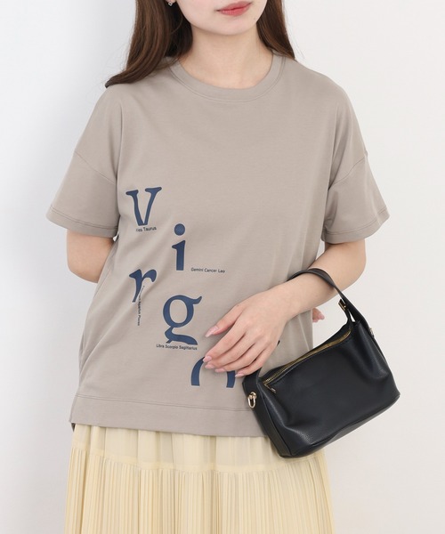 EGLANTINE(エグランティーヌ)の「EGLANTINE アシンメトリーロゴプリント半袖Tシャツ 日本製 ローズペトール(Tシャツ/カットソー・レディース・グレイッシュベージュ/サーモンピンク・38)」の13枚目の写真