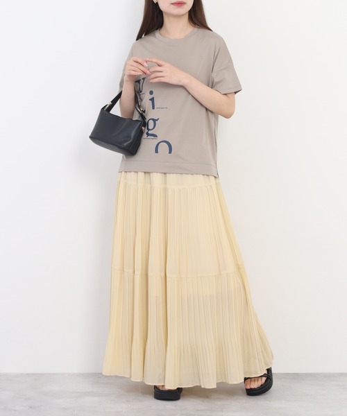 EGLANTINE(エグランティーヌ)の「EGLANTINE アシンメトリーロゴプリント半袖Tシャツ 日本製 ローズペトール(Tシャツ/カットソー・レディース・グレイッシュベージュ/サーモンピンク・38)」の14枚目の写真