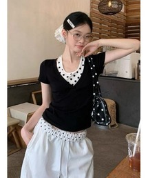 ドット柄　ホルターネック レイヤード風 T シャツ