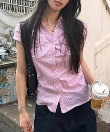 Pink stripe tight blouse