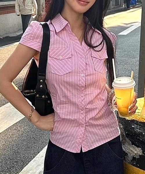 Vipoa（ヴィポア）の「Pink stripe tight blouse（シャツ/ブラウス・レディース・ピンク・FREE）」の12枚目の写真