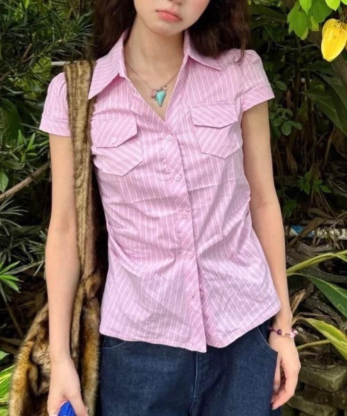 Vipoa（ヴィポア）の「Pink stripe tight blouse（シャツ/ブラウス・レディース・ピンク・FREE）」の14枚目の写真