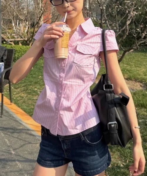 Vipoa（ヴィポア）の「Pink stripe tight blouse（シャツ/ブラウス・レディース・ピンク・FREE）」の9枚目の写真
