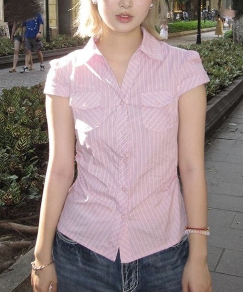 Vipoa（ヴィポア）の「Pink stripe tight blouse（シャツ/ブラウス・レディース・ピンク・FREE）」の2枚目の写真