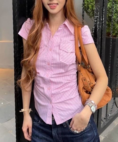 Vipoa（ヴィポア）の「Pink stripe tight blouse（シャツ/ブラウス・レディース・ピンク・FREE）」の6枚目の写真