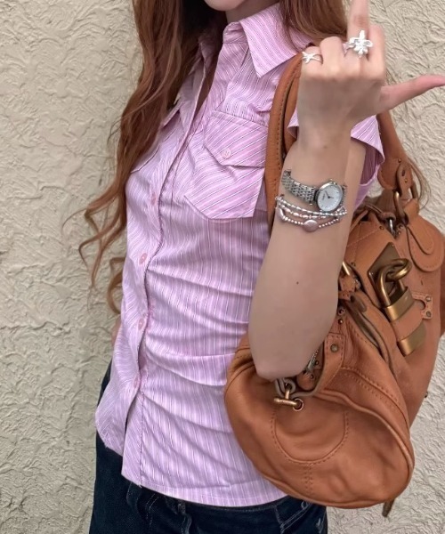 Vipoa（ヴィポア）の「Pink stripe tight blouse（シャツ/ブラウス・レディース・ピンク・FREE）」の5枚目の写真
