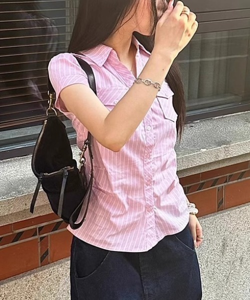 Vipoa（ヴィポア）の「Pink stripe tight blouse（シャツ/ブラウス・レディース・ピンク・FREE）」の4枚目の写真
