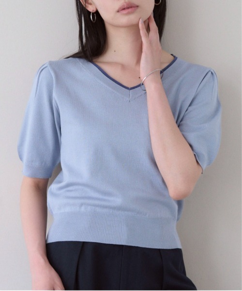 SOYEN(ソイエン)の「カラーラインVネックサマーニットトップス(ニット/セーター・レディース・ブルー/オフホワイト・F)」の2枚目の写真