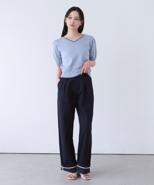 SOYEN(ソイエン)の「カラーラインVネックサマーニットトップス(ニット/セーター・レディース・ブルー/オフホワイト・F)」の12枚目の写真