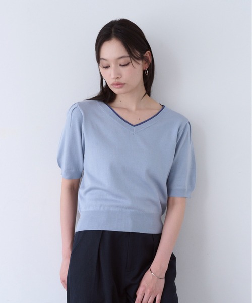 SOYEN(ソイエン)の「カラーラインVネックサマーニットトップス(ニット/セーター・レディース・ブルー/オフホワイト・F)」の3枚目の写真