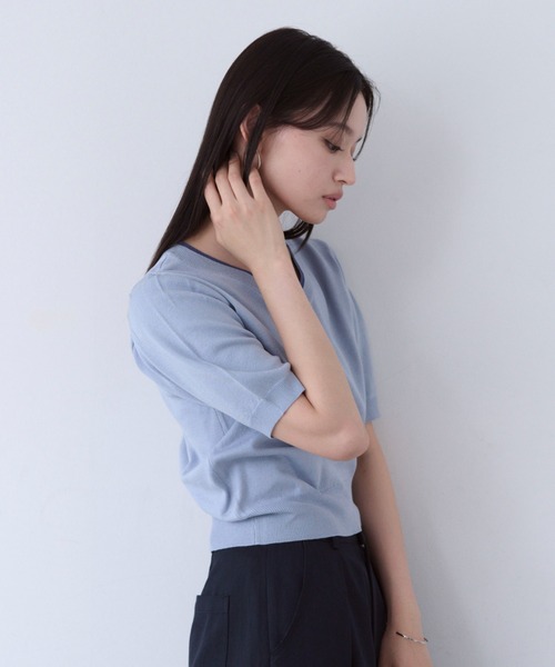 SOYEN(ソイエン)の「カラーラインVネックサマーニットトップス(ニット/セーター・レディース・ブルー/オフホワイト・F)」の22枚目の写真