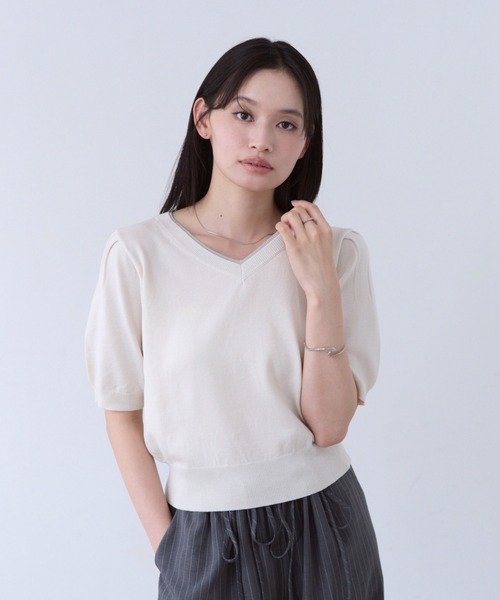 SOYEN(ソイエン)の「カラーラインVネックサマーニットトップス(ニット/セーター・レディース・ブルー/オフホワイト・F)」の13枚目の写真