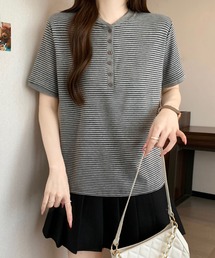 ボーダーTシャツ 半袖 ヘンリーネック カットソー ゆったり 体型カバー カジュアル 春夏