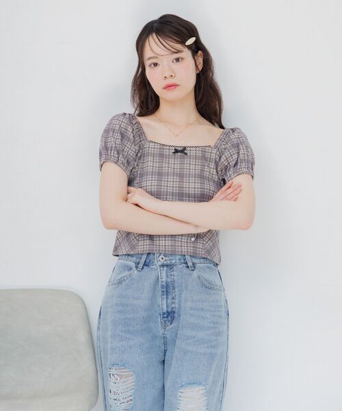 ems excite(エムズエキサイト)の「チェック柄パフ袖カットソー(Tシャツ/カットソー・レディース・ブラウン系その他2/ブルー系その他2/ホワイト系その他・FREE)」の14枚目の写真