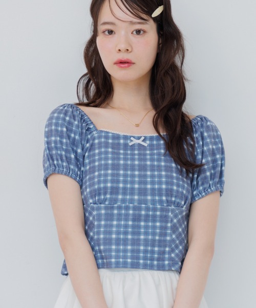 ems excite(エムズエキサイト)の「チェック柄パフ袖カットソー(Tシャツ/カットソー・レディース・ブラウン系その他2/ブルー系その他2/ホワイト系その他・FREE)」の3枚目の写真