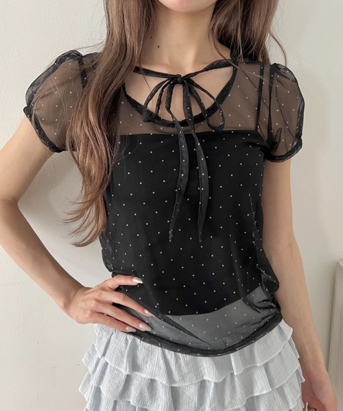Loueme(ルエム)の「シアードットリボントップス(Tシャツ/カットソー・レディース・ブラック/ライトブルー/アイボリー・FREE)」の1枚目の写真