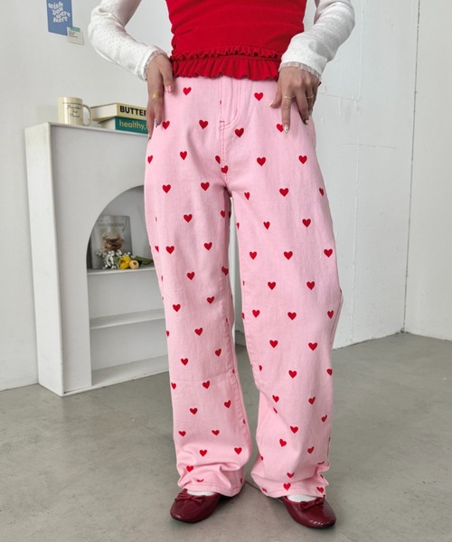 SOLLON.（ソルロン）の「ランダムハートプリントパンツ（デニムパンツ・レディース・ブラック/ピンク/ブルー・M）」の14枚目の写真