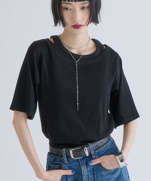 Lui's（ルイス）の「レイヤードデザイン半袖プルオーバー（Tシャツ/カットソー・レディース・ブラウン/ブラック/オフホワイト・FREE）」の3枚目の写真