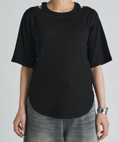 Lui's（ルイス）の「レイヤードデザイン半袖プルオーバー（Tシャツ/カットソー・レディース・ブラウン/ブラック/オフホワイト・FREE）」の10枚目の写真